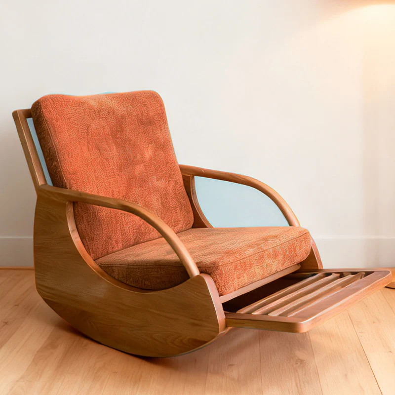 Contemporary Retro Solid Wood Velvet Rocking Chair With Armrests & Extendable Footrest For Living Room