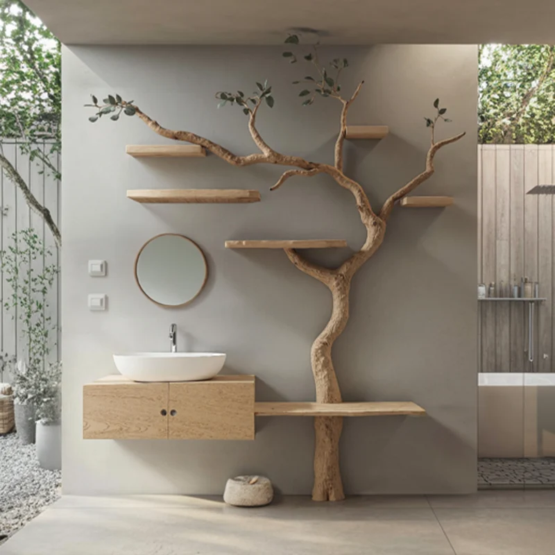 Spry Interior Rustic Organic Wood Tree Trunk Bathroom Vanity, Custom Live Edge Single Sink Pedestal Console, Model SINLSATBB019