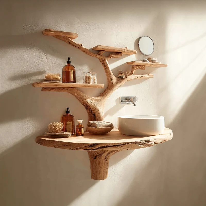 Spry Interior Rustic Artistic Tree Trunk Bathroom Vanity, Handcrafted Live Edge Wood Vessel Sink Pedestal Stand, Model SINLKITBB010