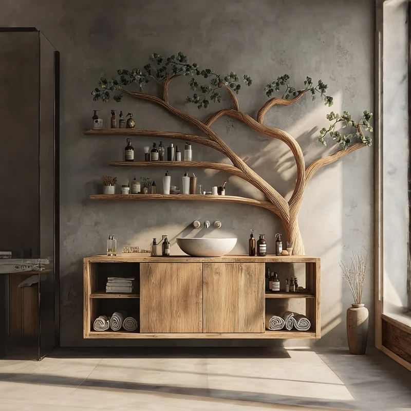 Spry Interior Rustic Organic Tree Branch Wall Mounted Vanity, Live Edge Wood Floating Bathroom Sink Stand, Model SINLKITBB017