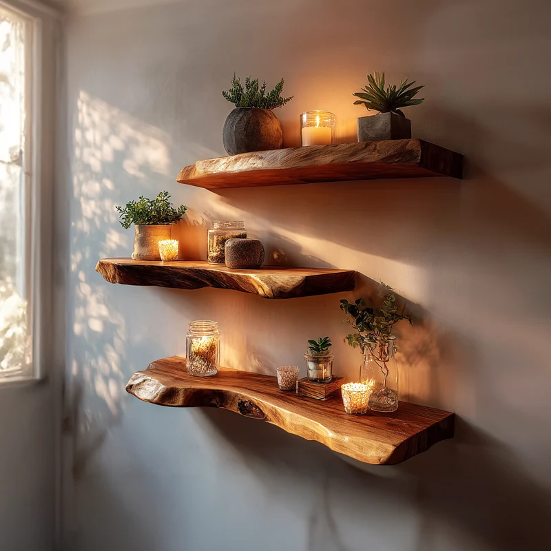 Spry Interior Rustic Live Edge Floating Wood Shelves, Wall Mounted Book & Plant Display Storage Organizer for Home Office, Bedroom Set - SINLKIFL302