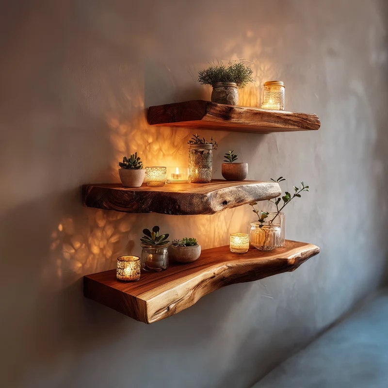 Spry Interior Rustic Live Edge Floating Wood Shelf, Decorative Wall Mounted Hanging Storage Organizer Ledge for Living Room Art, Plants - SINLKIFL301