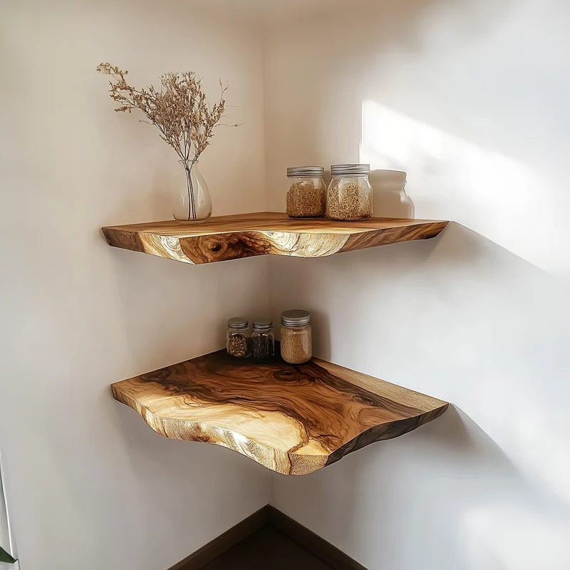 Spry Interior Rustic Live Edge Wood Corner Wall Shelf, Space-Saving Floating Kitchen Storage Rack & Dining Room Decor Display Ledge - SINLKIFL220