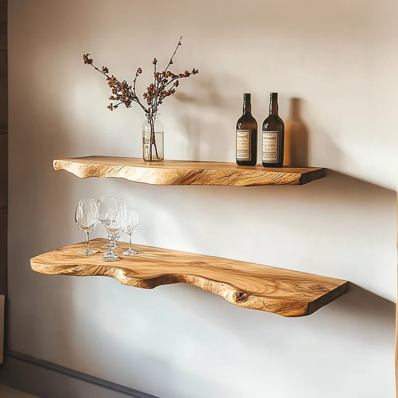 Spry Interior Rustic Solid Wood Floating Shelf with Live Edge Design, Wall Mounted Tableware Display & Kitchen Spice Organizer Ledge - SINLKIFL316