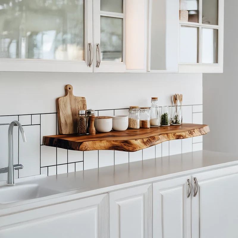 Spry Interior Natural Solid Wood Floating Shelf, Wall Mounted Rustic Kitchen Spice Rack & Decorative Open Shelving Tableware Display - SINLSAFL294