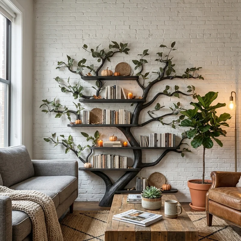 Spry Interior Mid Century Tree Wall Shelf, Handcrafted Solid Wood Floating Bookcase, Holiday Display for Living Room & Foyer, SINLKITB578