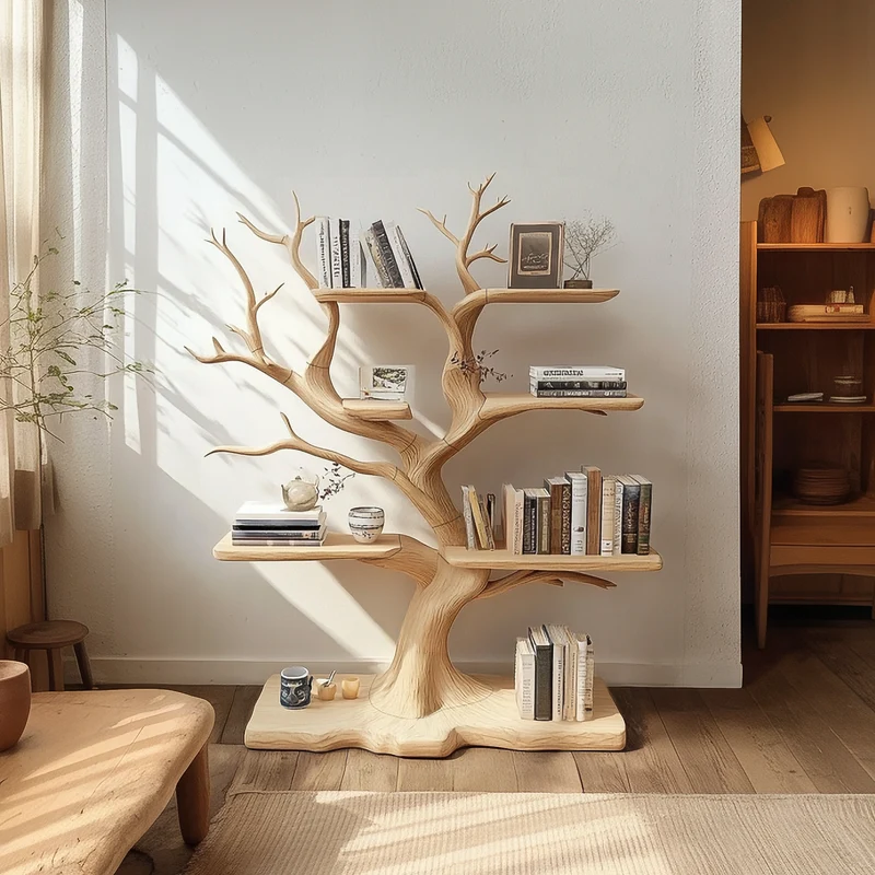 Spry Interior Rustic Organic Standing Tree Shelf, Free Standing Solid Wood Branch Bookshelf & Artistic Display for Bedroom, Living Room - SINLSATB601