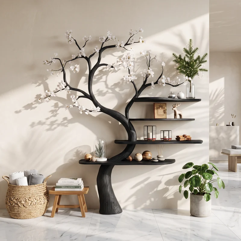 Spry Interior Rustic Natural Tree Bookshelf, Handcrafted Solid Wood Branch Shelving Unit, Artistic Decorative Storage for Living Room - SINLSATB585