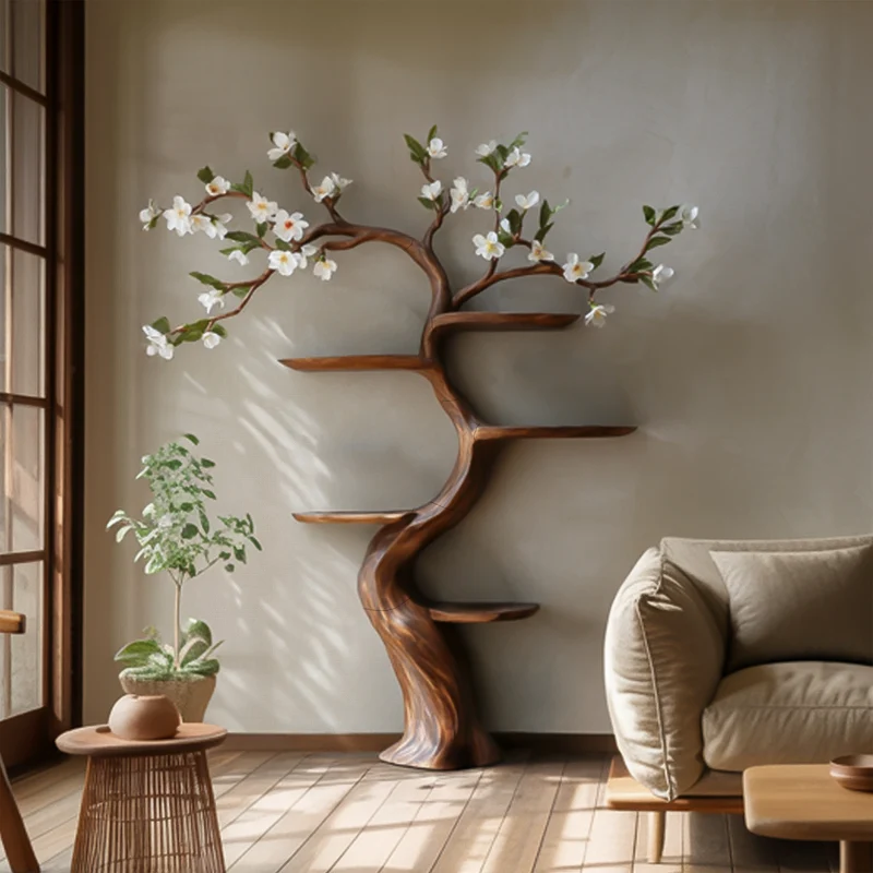 Spry Interior Handcrafted Tree Bookshelf, Rustic Solid Wood Branch Shelving, Nature-Inspired Wall Display Art for Living Room Decor - SINLSATB584