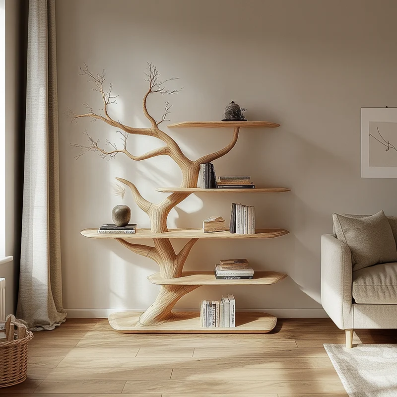 Spry Interior Rustic Organic Tree Bookshelf, Solid Wood Branch Shelving, Nature-Inspired Wall Art Storage Decor for Living Room - SINLSATB602