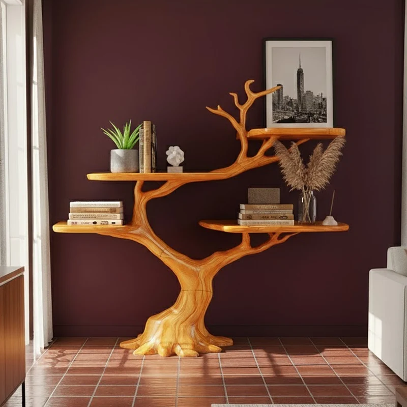 Spry Interior Rustic Organic Tree Bookshelf, Sculptural Solid Wood Branch Shelving Unit & Entryway Wall Art Storage Organizer - SINLKITB566