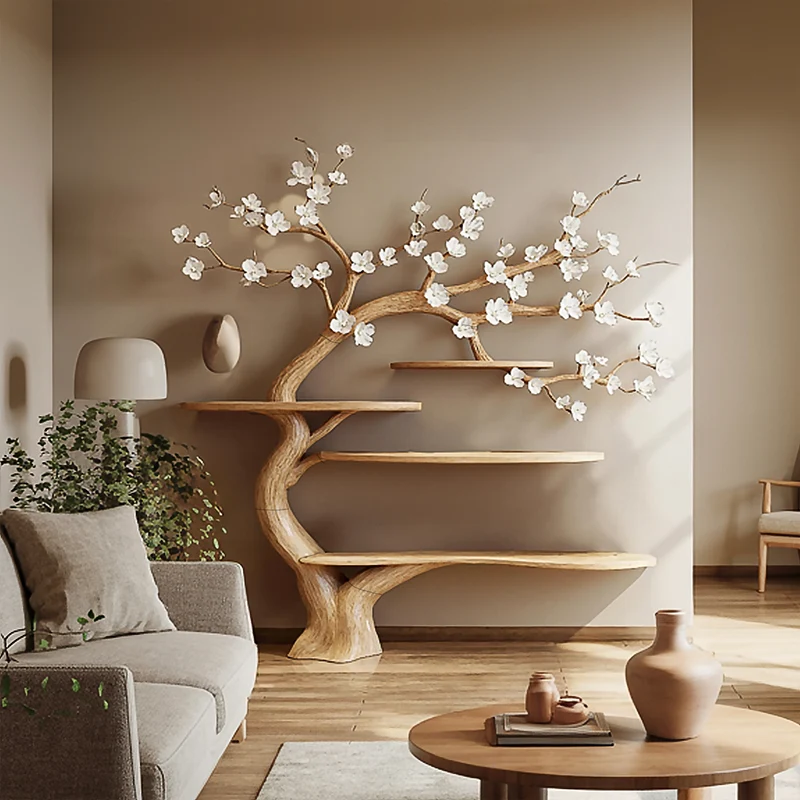 Spry Interior Rustic Organic Tree Bookshelf, Handcrafted Solid Wood Branch Shelving & Artistic Wall Display for Living Room Interior - SINLSATB586