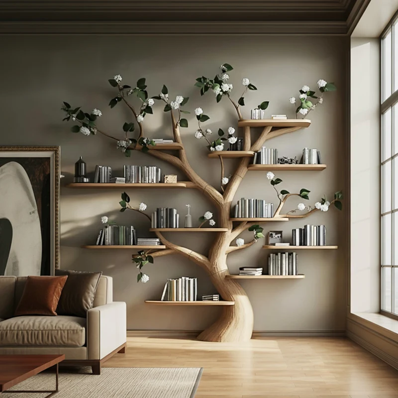 Spry Interior Rustic Organic Floral Tree Bookshelf, Sculptural Handcrafted Solid Wood Branch Display Shelf for Bedroom, Living Room - SINLKITB576