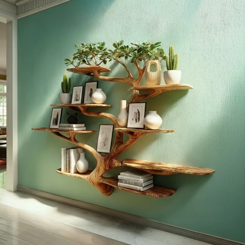 Spry Interior Rustic Organic Tree Branch Shelf, Handcrafted Solid Wood Wall Mounted Bookshelf & Decorative Display for Living Room, Den - SINLKITB600