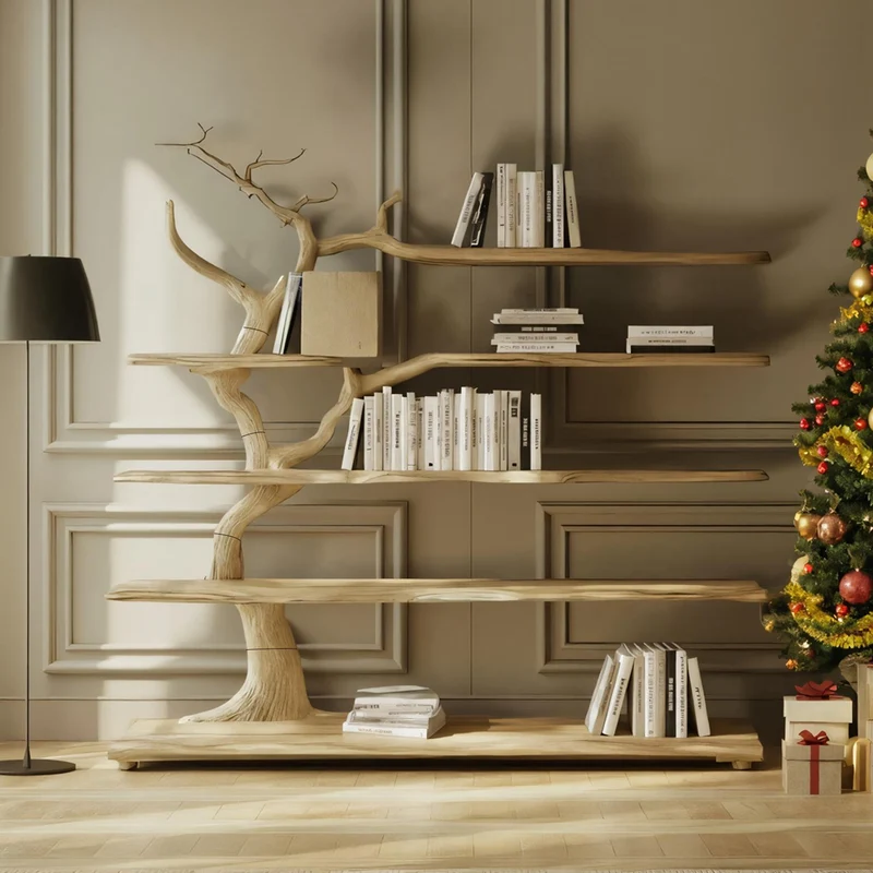 Spry Interior Rustic Organic Decorative Tree Shelf, Solid Wood Branch Bookshelf & Artistic Storage Display for Reading Room, Lounge - SINLKITB577