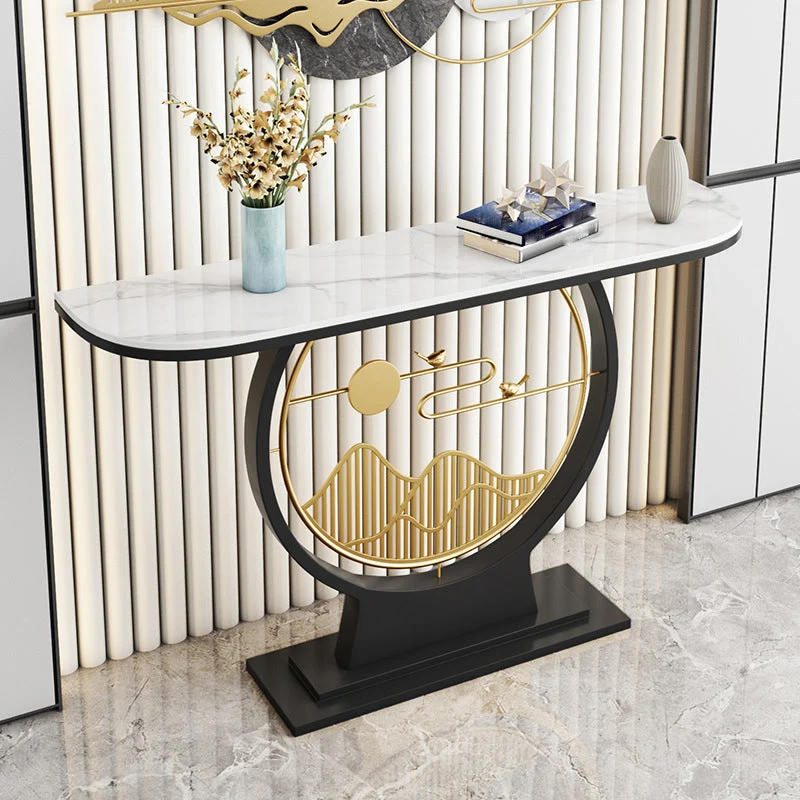 Hall Stain Resistant Half Moon Slate Glam Pedestal Console Accent Table