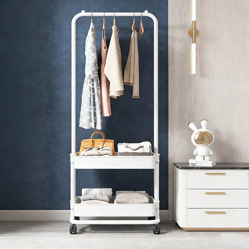 Modern Minimalist Plastic Steel Iron Rectangular Movable Hall Tree 2-Tier Storage For Living Room & Bedroom