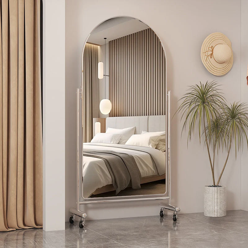 Modern Minimalist Stainless Steel Glass Oval Movable Full-Length Floor Mirror Adjustable Slimming Design For Living Room & Bedroom
