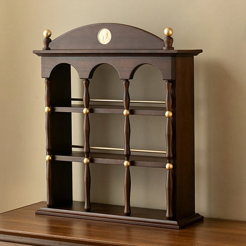 Modern Mid-century Walnut Aluminum Alloy Zinc Alloy Rectangular Arch Desktop Storage Shelf 3-Tier For Living Room & Entryway