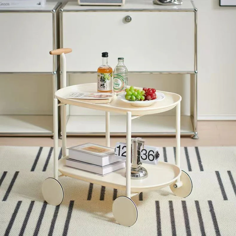 Contemporary Scandinavian PP Plastic Carbon Steel Beech Wood Oval Cart Movable Side Table With 2-Tier Storage For Living Room And Bedroom