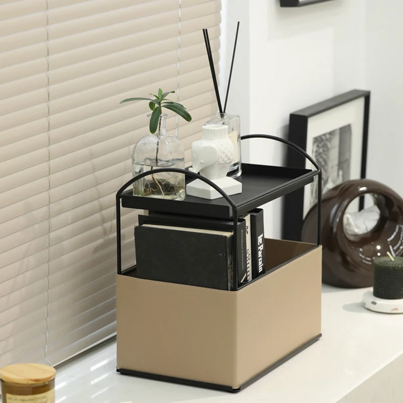 Contemporary Nordic PU Leather Iron Rectangular Desktop Storage Shelf 2-Tier Makeup Organizer Box Skincare For Living Room & Bedroom