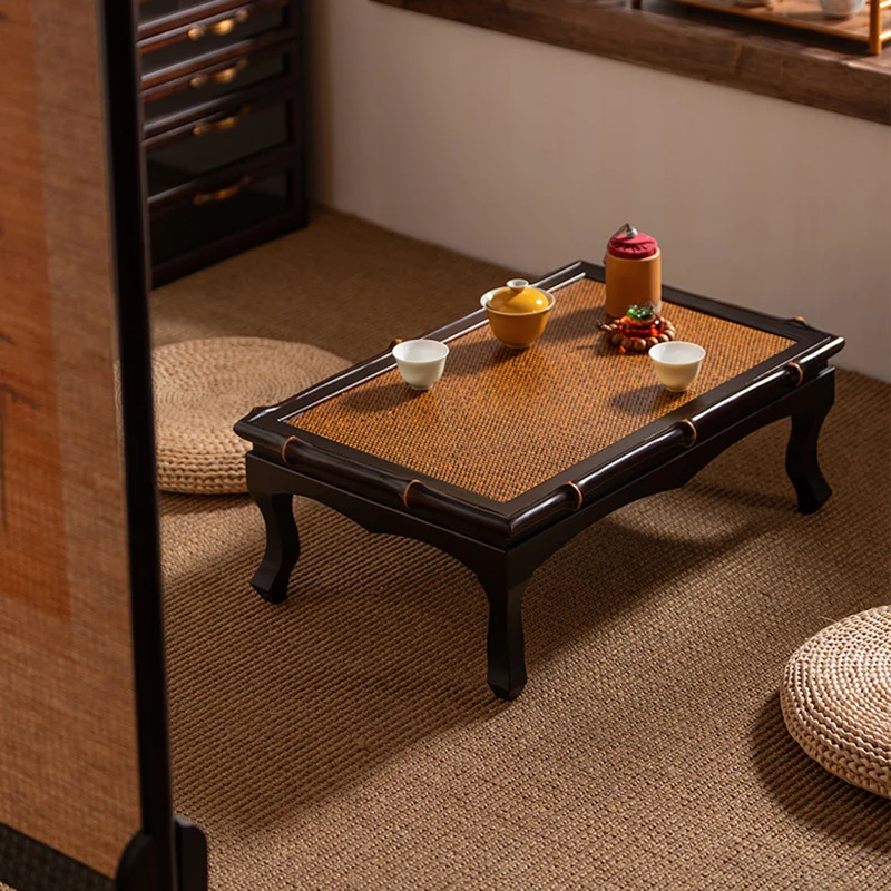 Traditional Chinese Rectangular Bamboo Handwoven Weaving Mat Coffee Table 1-Tier For Living Room