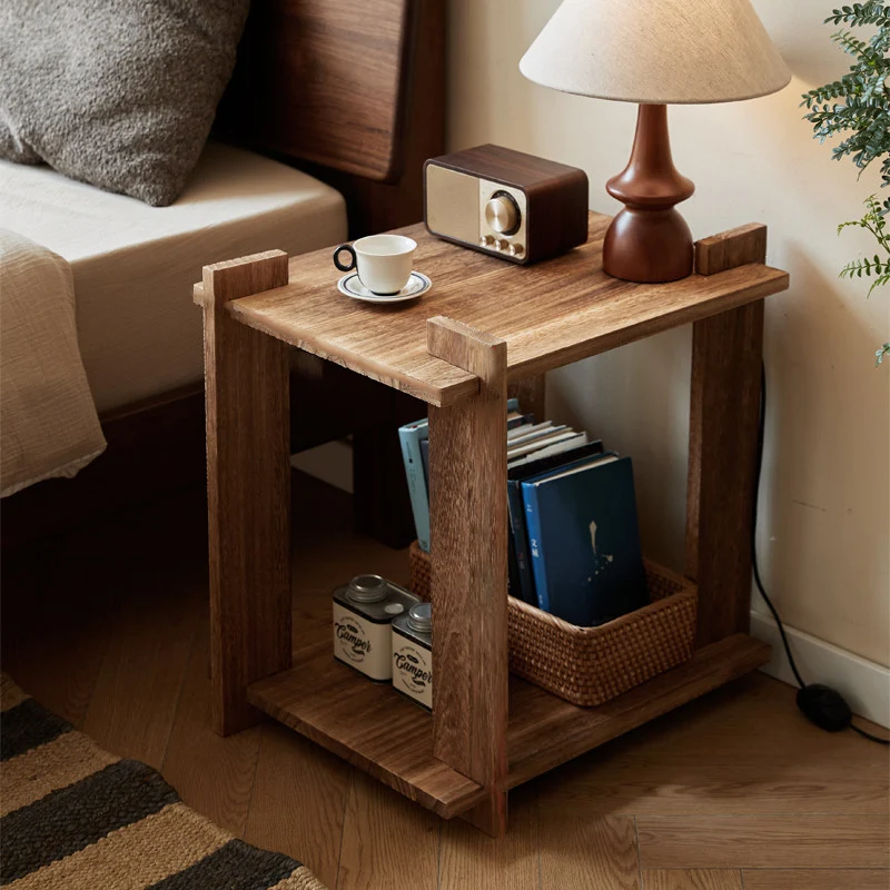Modern Shabby Chic Paulownia Wood Rectangular Portable Side Table 2-Tier For Living Room & Bedroom