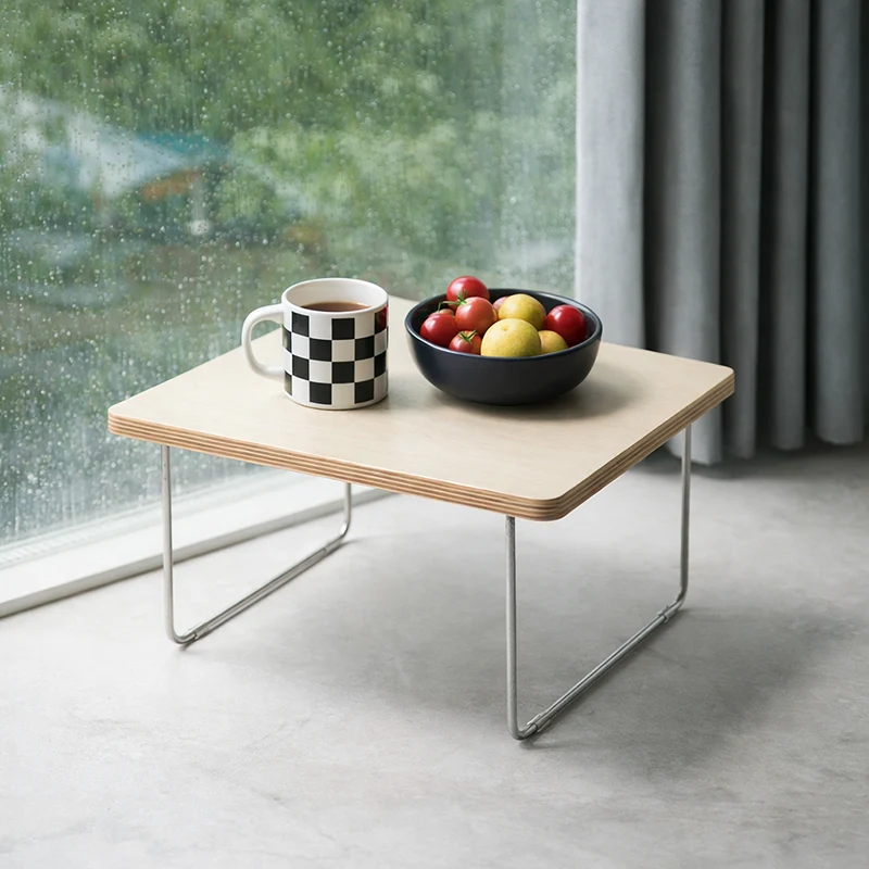 Modern Minimalist Engineered Wood Stainless Steel & Beech Rectangular Folding Coffee Table For Living Room & Bedroom