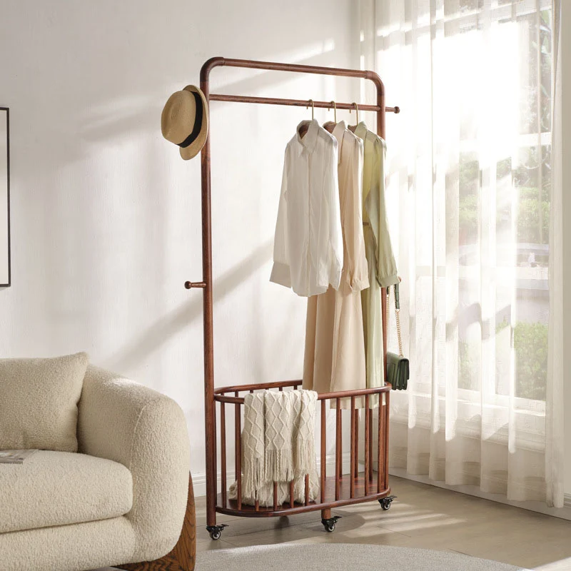 Minimalist Movable Freestanding Rolling Coat Rack - Eco Clear Finish Ash Wood Garment Hall Tree For Bedroom & Entryway