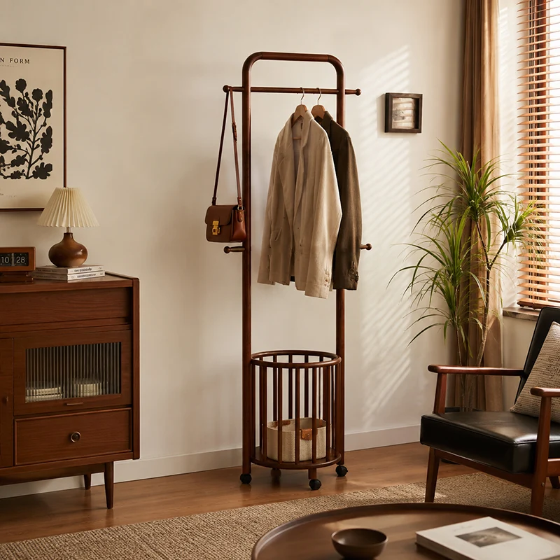 Minimalist Solid Ash Wood Rolling Coat Rack - Freestanding Garment Stand Open Slatted Basket For Entryway