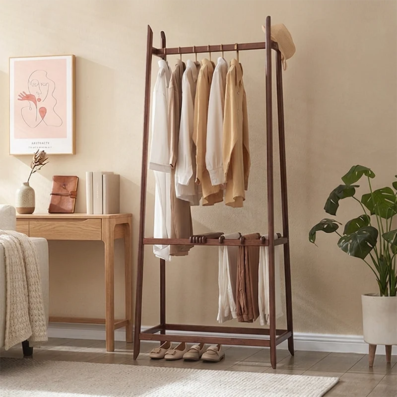 Contemporary Scandinavian Ash Wood Coat Rack Stand With Storage Shelf - Hanging Rod & Side Hooks Hall Tree For Bedroom
