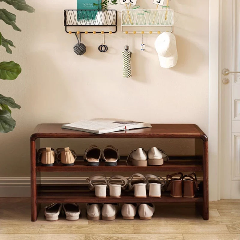 Solid Ash Wood Scratch-Resistant & Wide Seat Shoe Bench - Chinese 2-Tier Open Shelves Storage & Raised Bottom, No Assembly Required For Entryway
