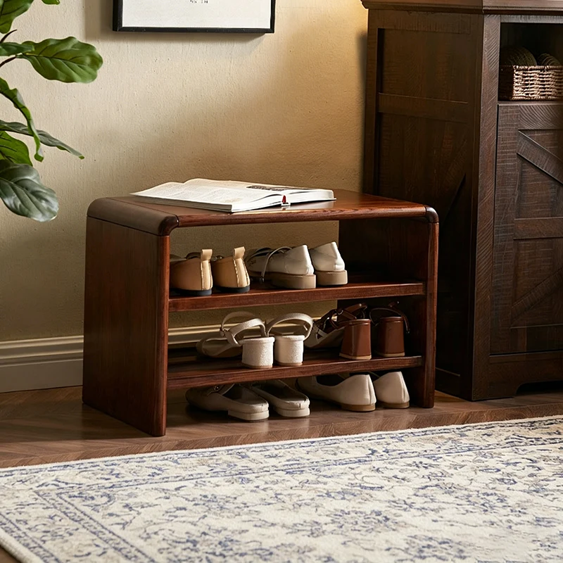 Solid Ash Wood Scratch-Resistant & Wide Seat Shoe Bench - Chinese 2-Tier Open Shelves Storage & Raised Bottom, No Assembly Required For Entryway