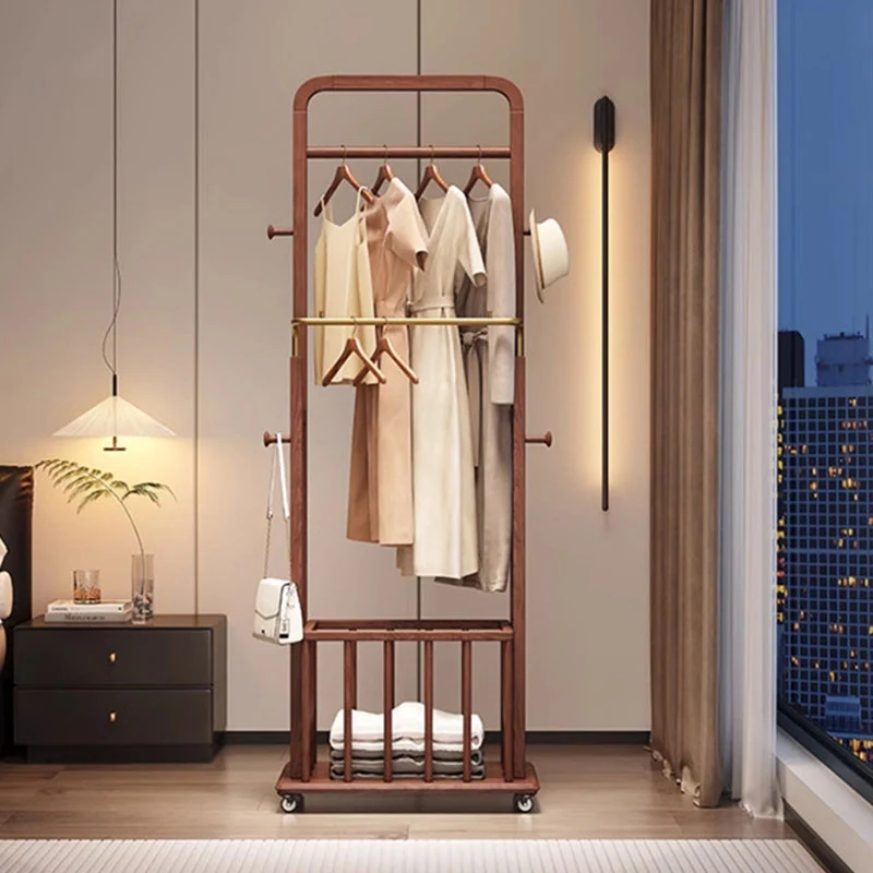 Traditional Chinese Solid Ash Wood Rolling Coat Rack - Dual Hanging Rods With Storage Basket & Silent Casters For Bedroom