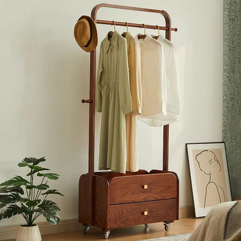Traditional Chinese Solid Ash Wood Rolling Hall Tree - 2-Tier Drawer Hanging Rod Storage Coat Stand For Bedroom & Entryway