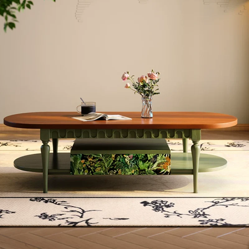 Traditional French Oval Wooden Coffee Table: 2-Tier Storage & 1-Drawer - Carved Apron Decorative Table For Living Room