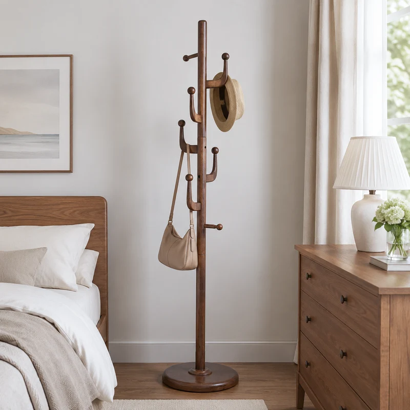 Creative Solid Rubberwood Coat Rack Stand - Cactus-Inspired Freestanding Hall Tree With Multi Hooks