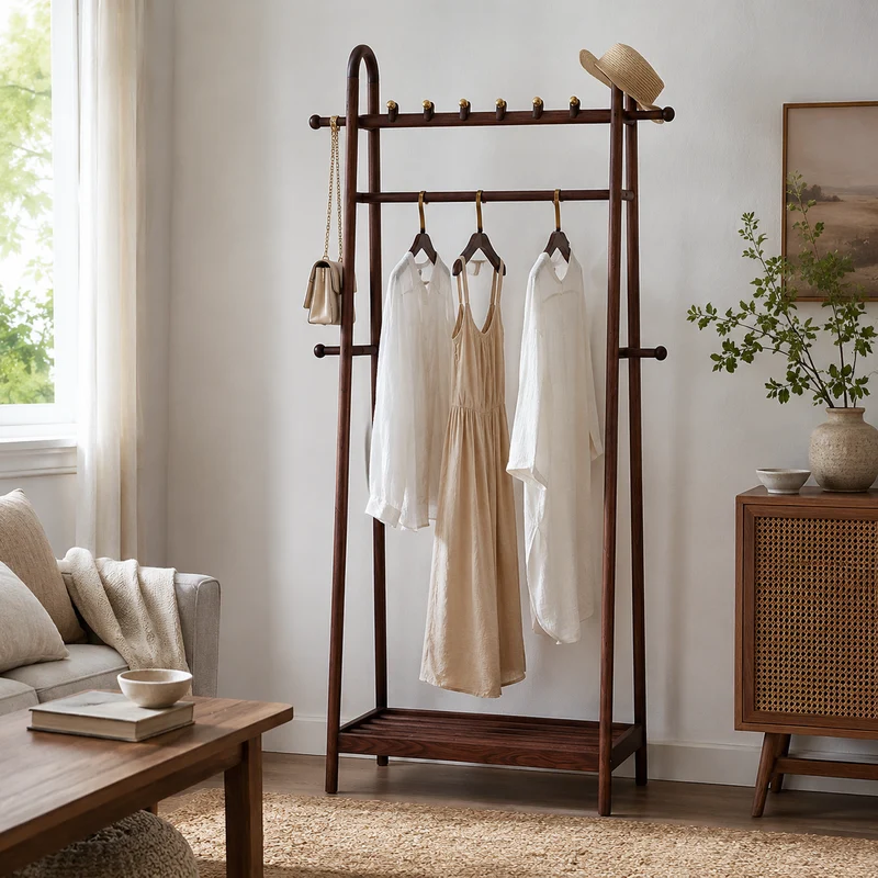 Traditional Wooden Coat Rack Stand - Solid Ash Wood Hall Tree With Storage Shelf & Brass Hooks