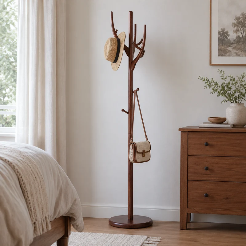 Traditional Solid Rubberwood Coat Rack Stand- Chinese Freestanding Wooden Hall Tree With 8 Hooks For Entryway & Bedroom