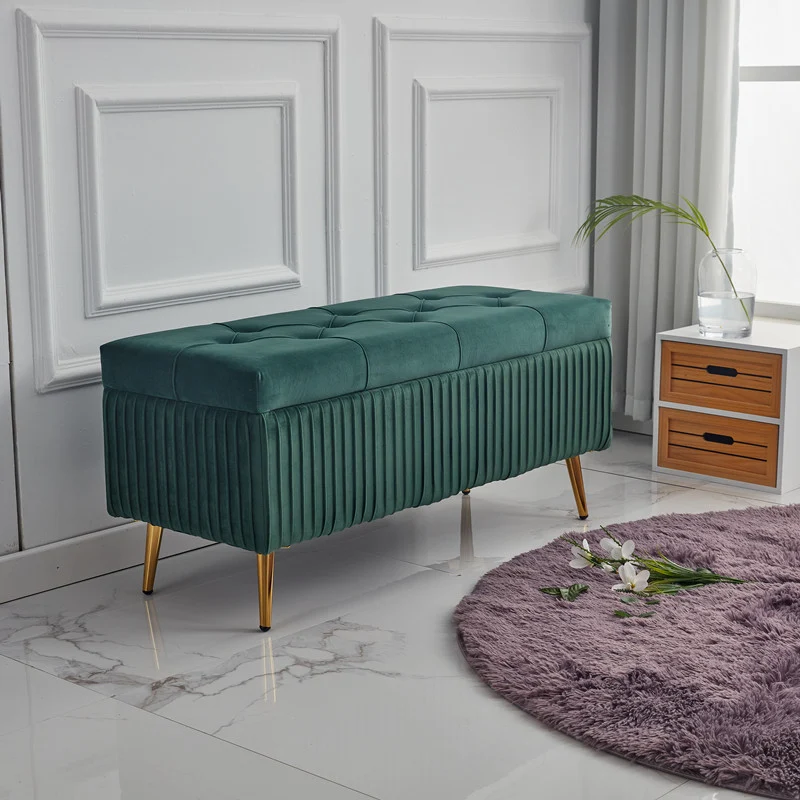 Modern Minimalist Velvet Sponge Titanium Alloy Rectangular Storage Bench Backless For Entryway