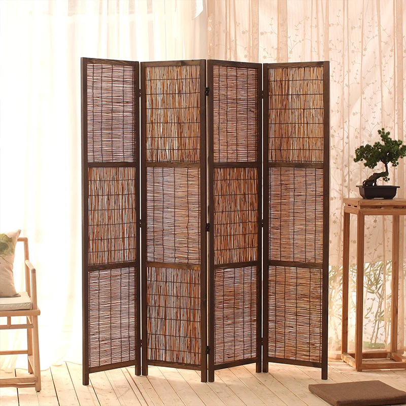 Traditional Farmhouse Pinewood Reed Rectangular Weaving Foldable Room Divider For Living Room