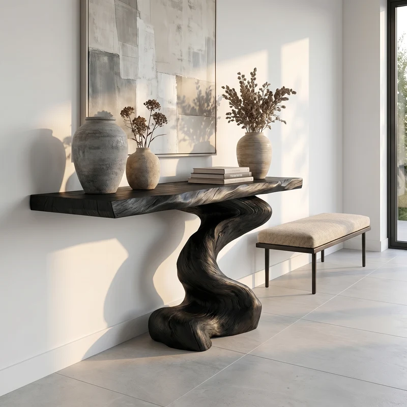 Spry Interior Mid Century Modern Console Table, Sculptural Wood Art Slab Table for Living Room & Entryway, Solid Wood, SINLSACS393