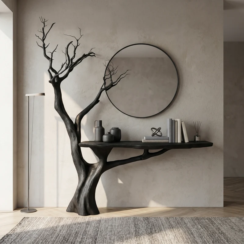 Rustic Console Table Sculpted Wood Tree Hallway Entrance SINLSACS392