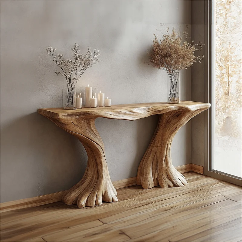 Spry Interior Rustic Solid Wood Console Table with Sculptural Hourglass Wood Base, Luxury Foyer & Living Room Accent Table, SINLKICS350