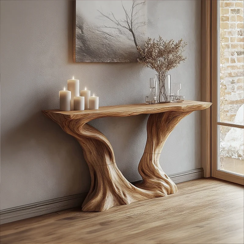 Spry Interior Mid Century Modern Console Table, Sculptural Hourglass Base, Luxury Solid Wood Foyer & Entryway Table, SINLKICS349