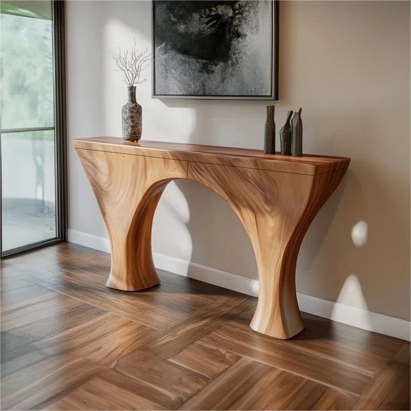 Spry Interior Mid Century Modern Console Table, Carved Solid Wood Luxury Entryway Sofa Table, Artistic Hallway Foyer Vanity Desk - SINLKICS367