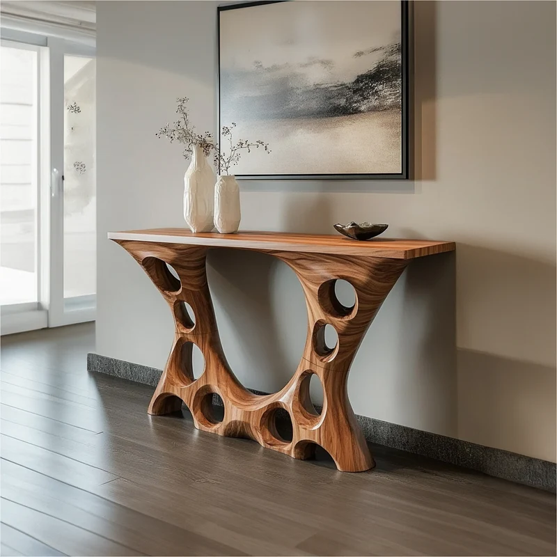 Spry Interior Rustic Solid Wood Console Table, Organic Open Hole Design Live Edge Entryway Table, Foyer Accent Decor, SINLKICS366