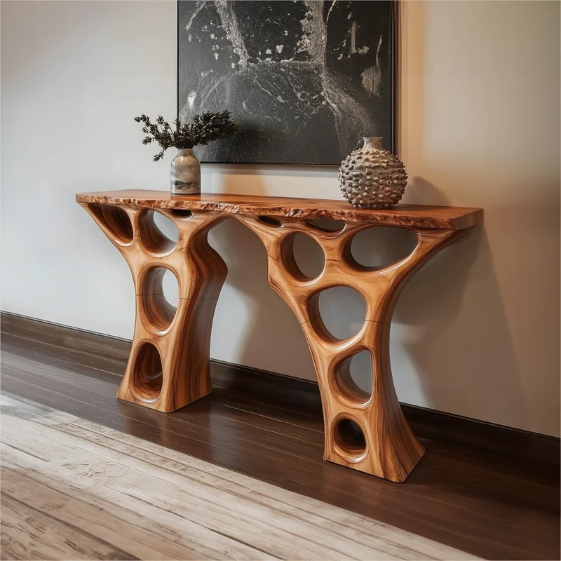 Spry Interior Mid Century Modern Console Table, Abstract Sculptural Wood Base, Luxury Foyer & Entryway Accent Table, SINLKICS365