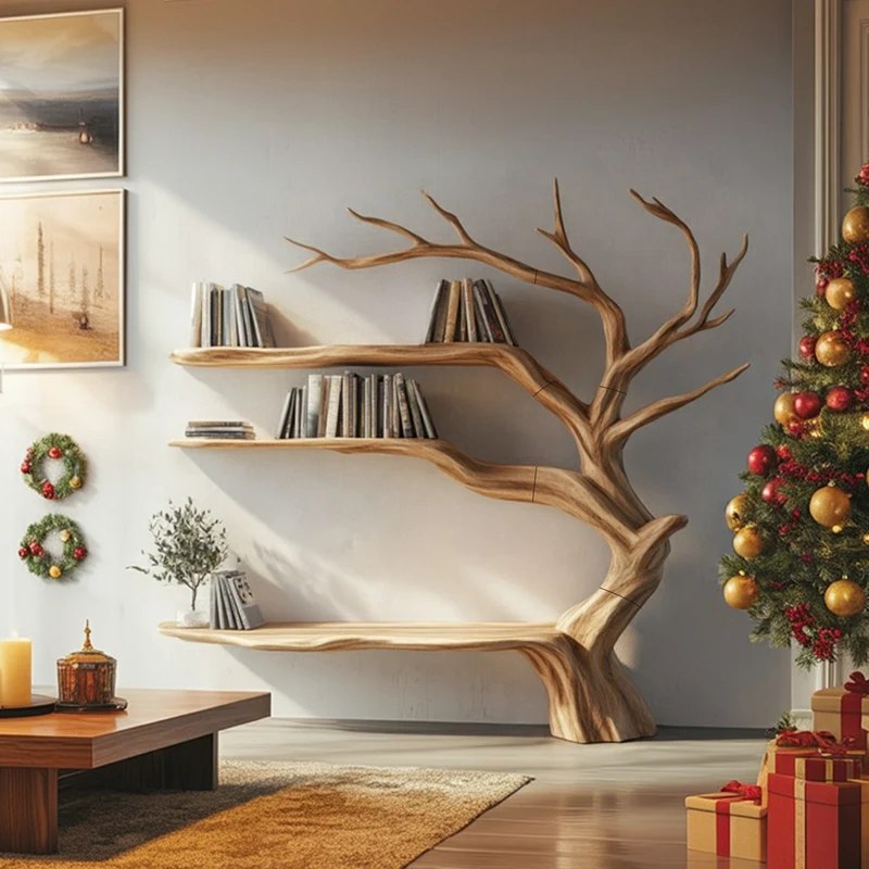 Spry Interior Rustic Christmas Tree Wall Shelf, Solid Wood Floating Bookcase for Bedroom & Entryway Holiday Decor, SINLKITB581