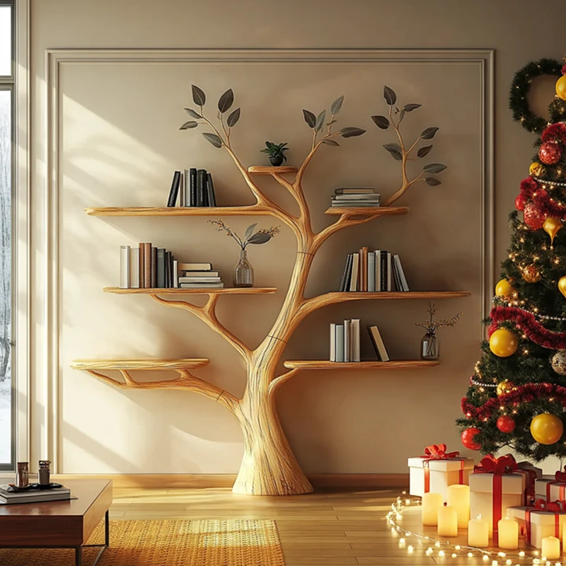 Spry Interior Rustic Tree Wall Shelf, Handcrafted Solid Wood Branch Bookshelf for Bedroom & Living Room Christmas Decor, SINLKITB580
